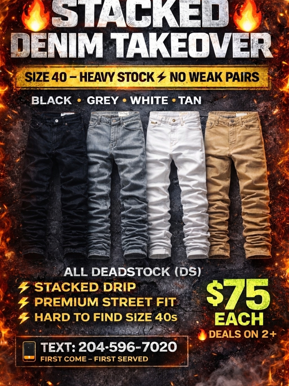 Stacked Men’s Denim Jeans - Black, Grey, White, Tan